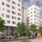 Rendered image of an 8-story apartment building with street trees in front of the facade.